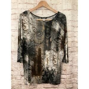 SoftWorks Top Womens Medium Gray & Rust Swirl Print Dolman Sleeve Stretch